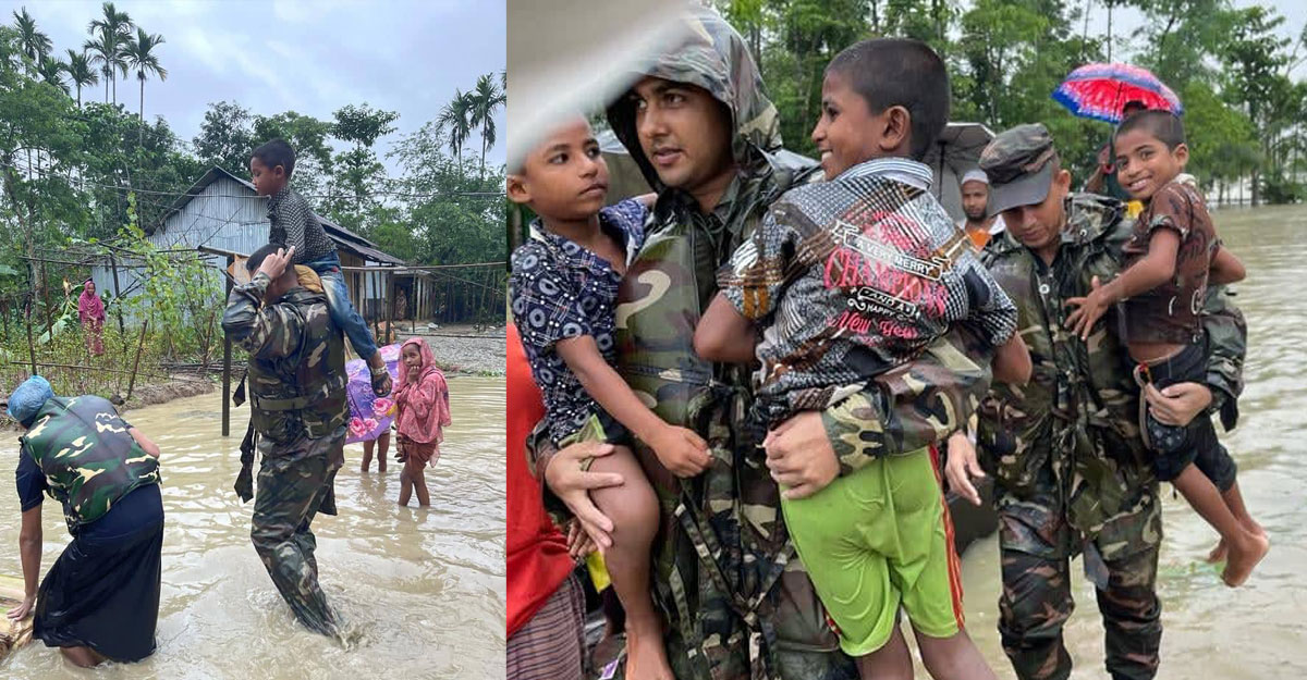 কখনো কাঁধে খাবার তুলছে কখনো শিশু, প্রশংসায় ভাসছে সেনাবাহিনী