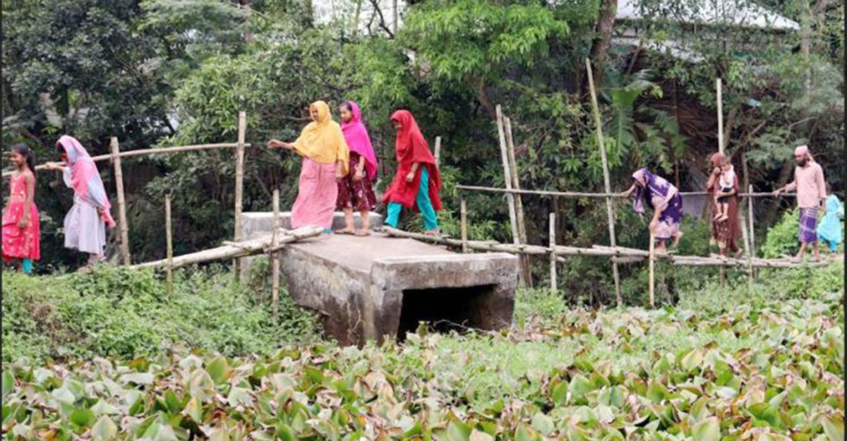 কালভার্টের দুই পাড়ে বাঁশের সাঁকো