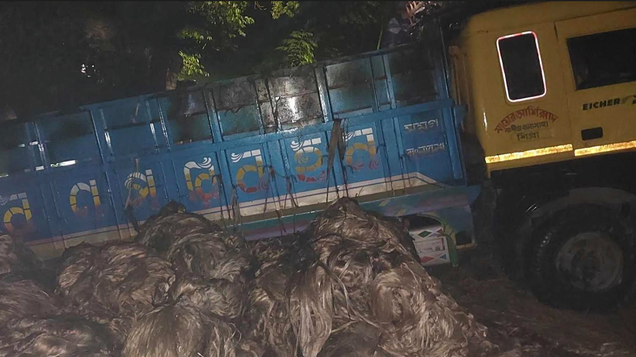 রাজবাড়ীতে পাটবোঝাই চলন্ত ট্রাকে আগুন