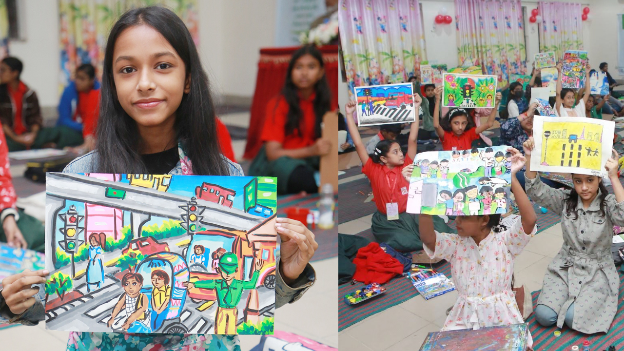 রংতুলির মাধ্যমে নিরাপদ সড়কের দাবি শিশুদের