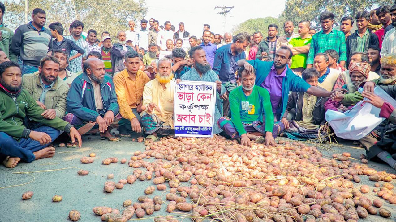 দিনাজপুরে মহাসড়কে আলু ফেলে কৃষক-ব্যবসায়ীদের বিক্ষোভ