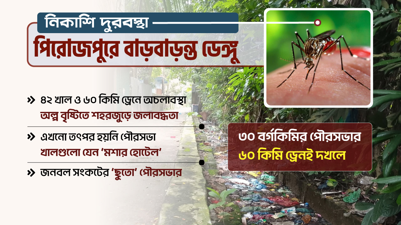 পিরোজপুরে দুর্বল নিকাশি ব্যবস্থা, বদ্ধ পানি এডিস মশা তৈরির কারখানা