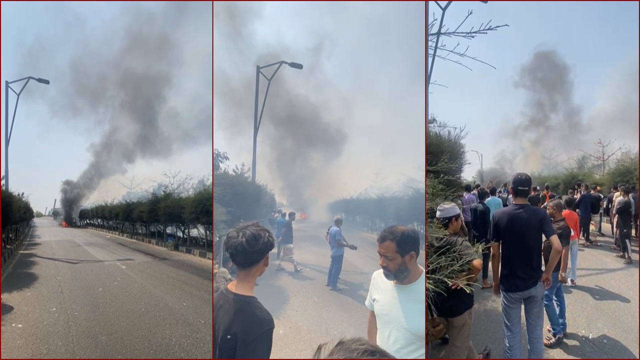 হাতিরঝিলে চলন্ত গাড়িতে আগুন, যানজটে আটকা ফায়ারের গাড়ি