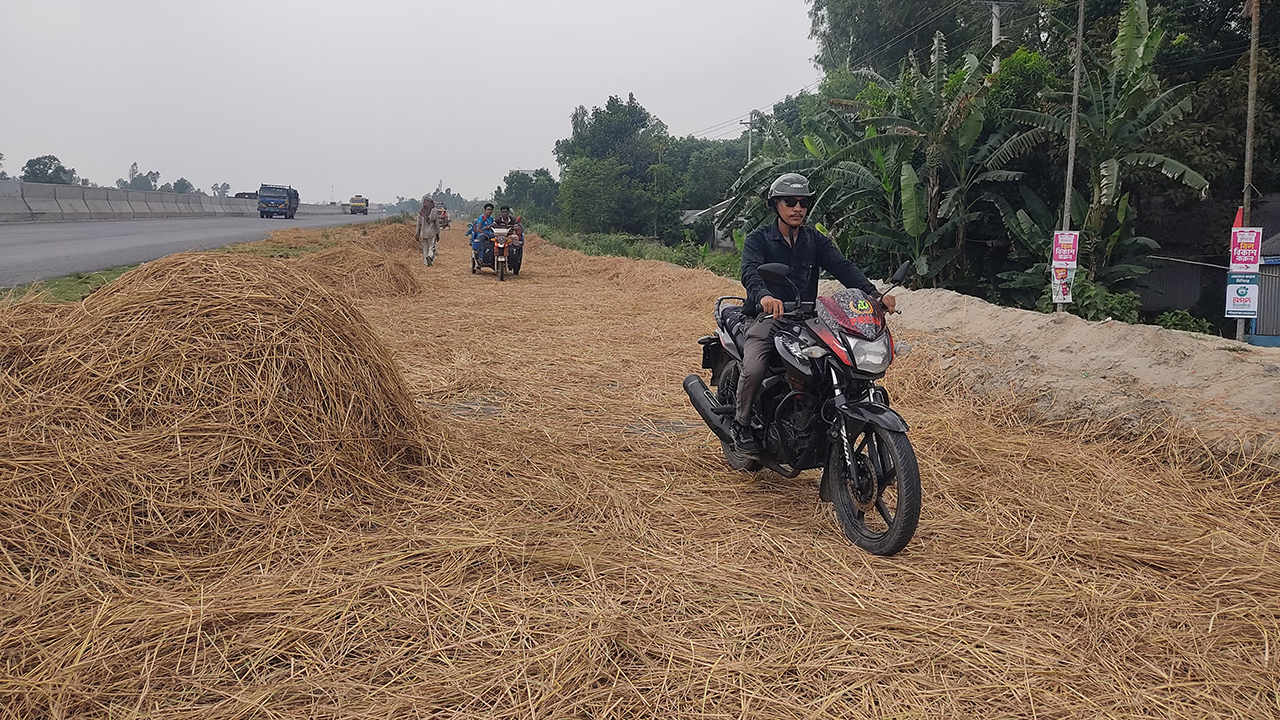 মহাসড়কে খড় শুকানোয় বাড়ছে দুর্ঘটনার আশঙ্কা
