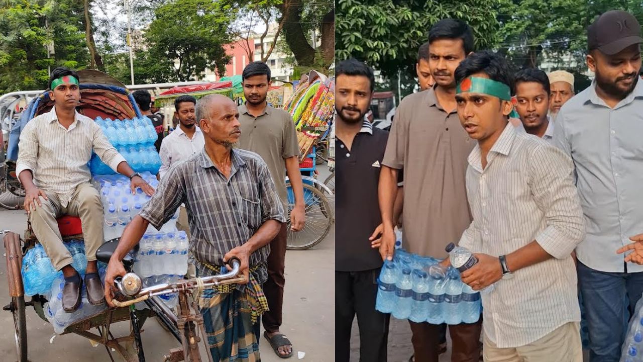 শহীদ মিনারে আন্দোলনরত শিক্ষকদের মাঝে পানি বিতরণ ছাত্রদল নেতার