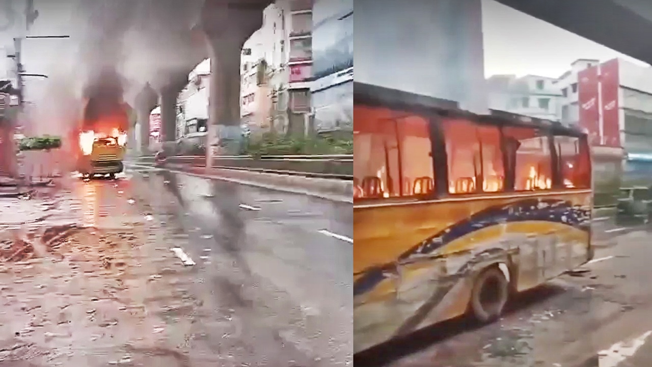 মিরপুরে যাত্রীদের নামিয়ে বাসে আগুন