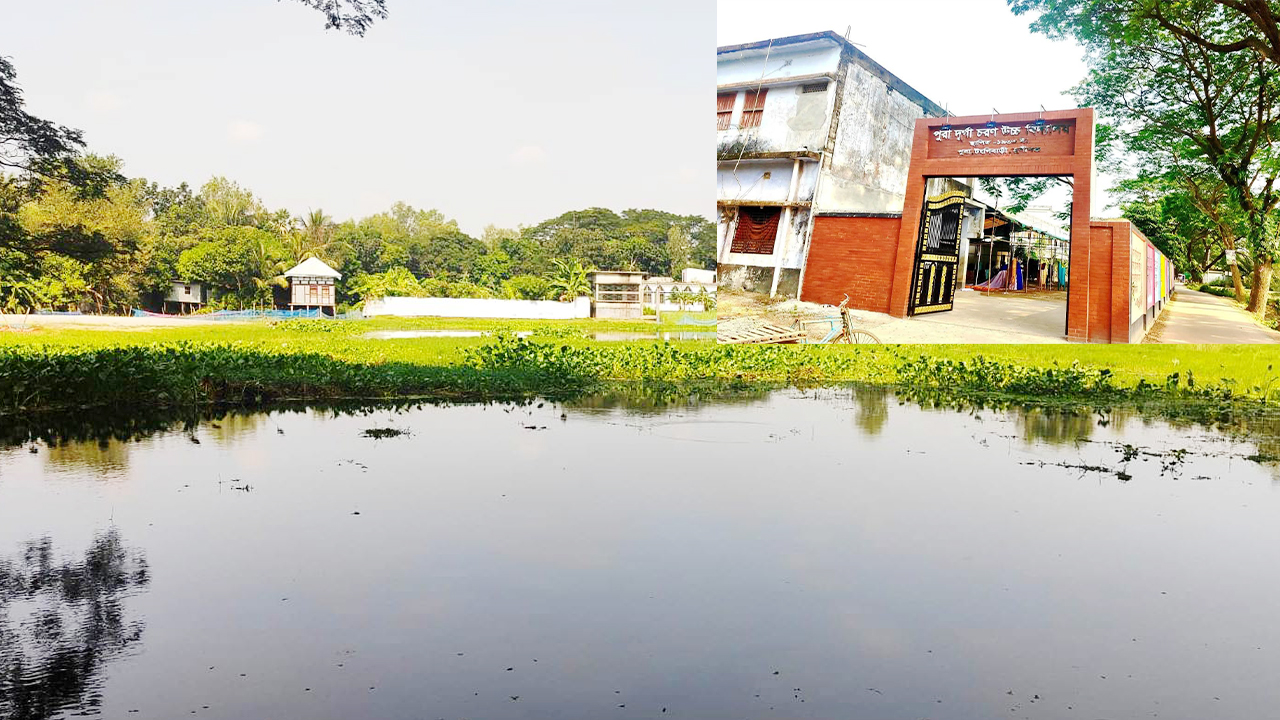 ড্রেজারের পানিতে তলিয়ে আছে বিদ্যালয়ের মাঠ, চলছে মাছ চাষ