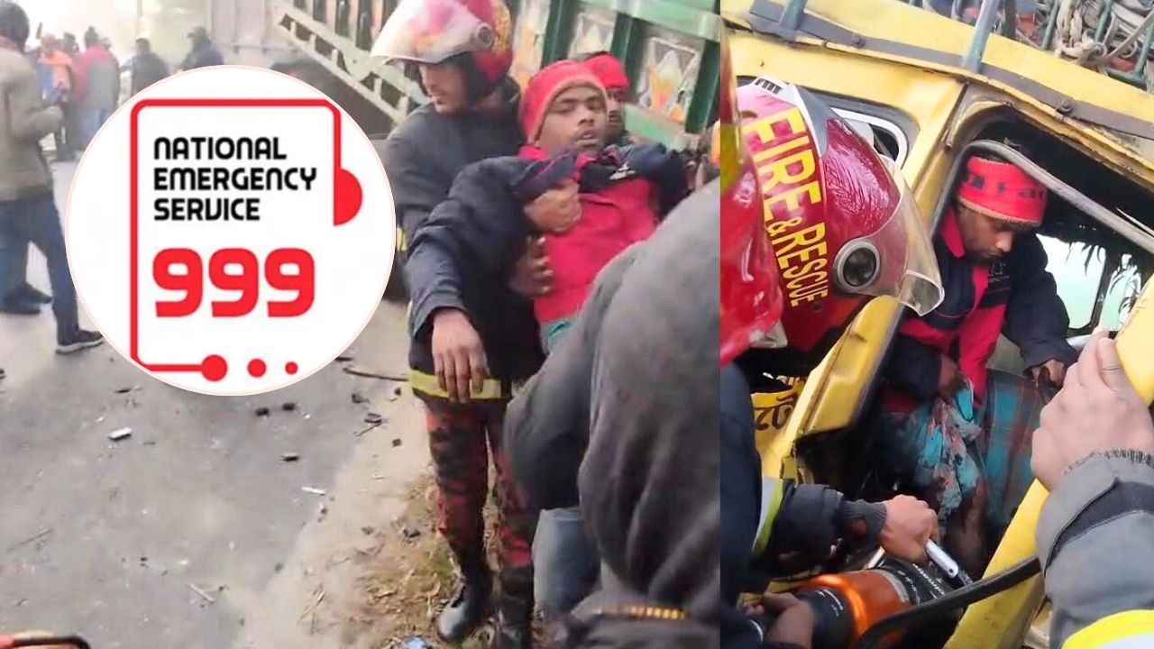 কুষ্টিয়ায় সড়ক দুর্ঘটনায় গাড়িতে আটকে ছিলেন দুই চালক, ৯৯৯ এ কলে উদ্ধার