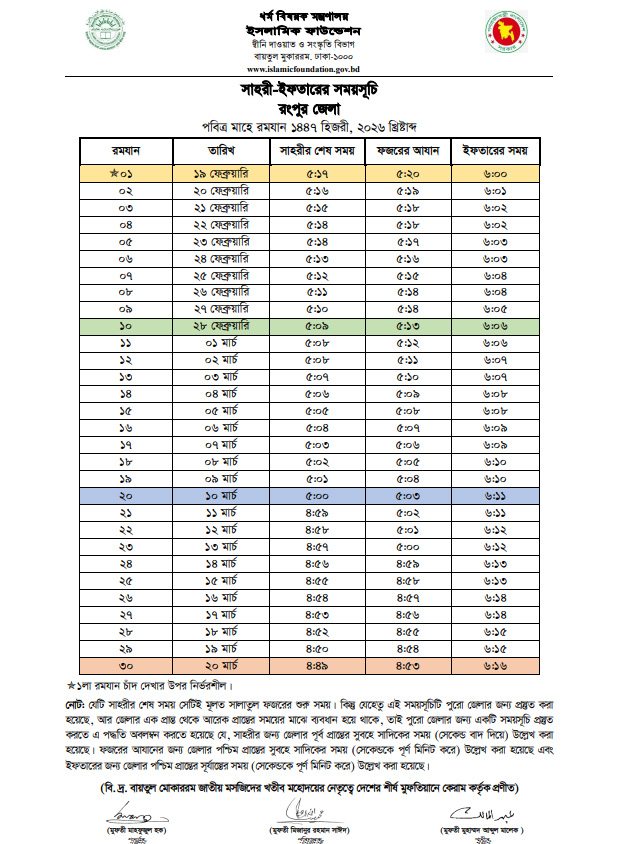Rangpur Sehri Iftar Time 2026